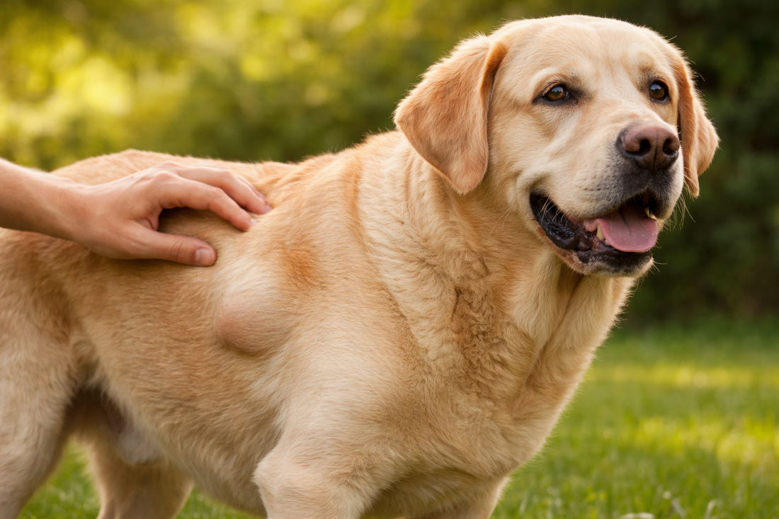 Hund mit Lipom auf der Wiese 