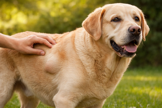 Hund mit Lipom auf der Wiese 