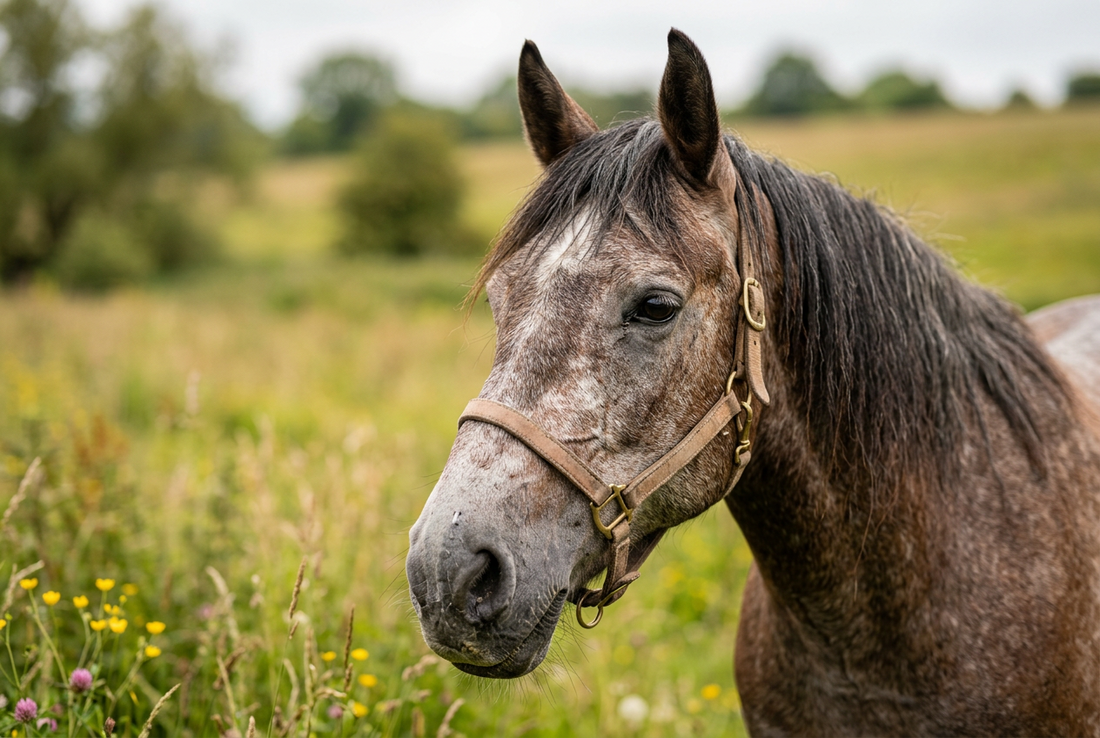 Altes Pferd auf der Wiese mit Zahnproblemen