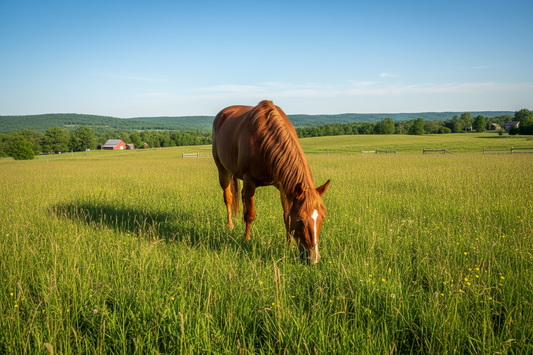 Pferd frisst Gras auf der Weide für die Verdauung