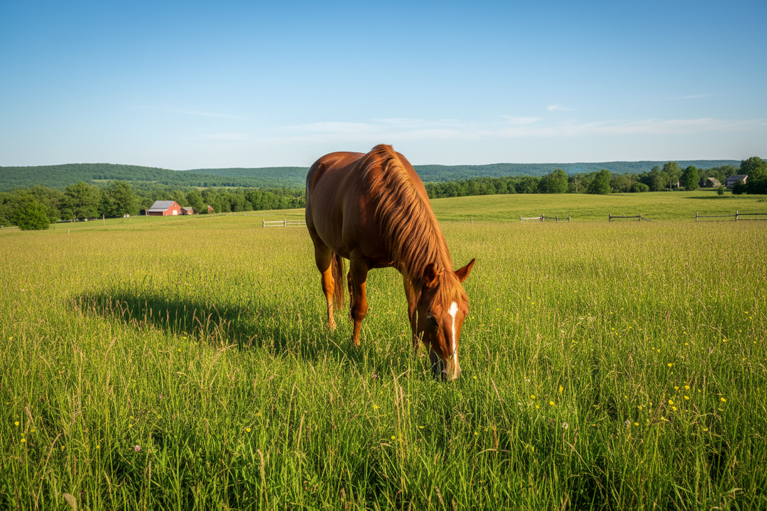 Pferd frisst Gras auf der Weide für die Verdauung