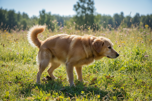 Hund auf der Wiese mit schleimigen Kot