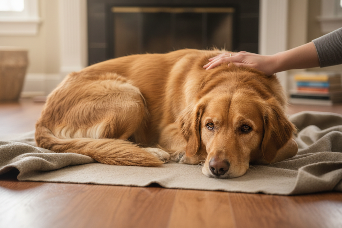 Hund leigt auf einer Decke und wird gestreichelt weil er Bauchschmerzen hat