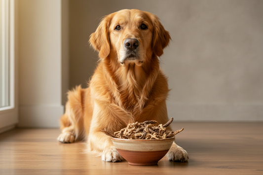 Hund liegt vür einer Schüssel getrockneter teufelskralle