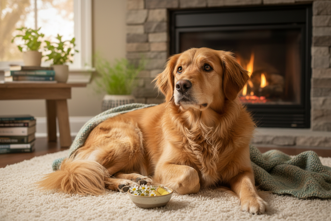 Hund mit schleimigen Kot Probleme liegt auf seiner Decke 