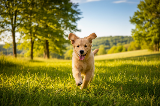 Kleiner Hund springt fröhlich durchs gras nach Darmflora Aufbau