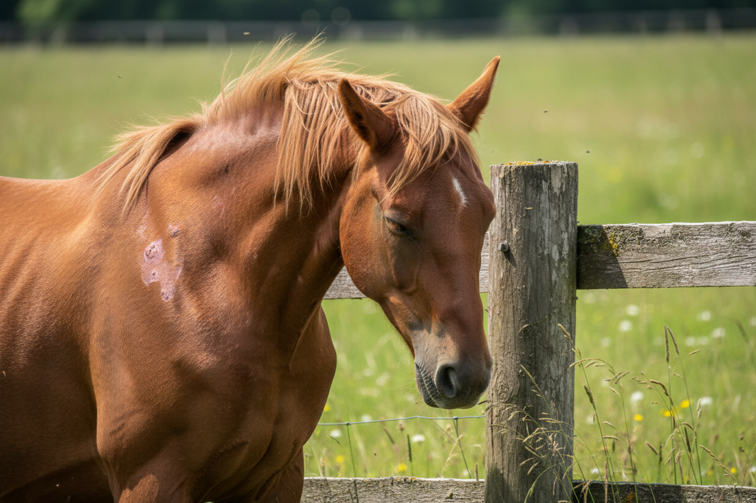 Pferd steht auf Wiese und hat Ekzem und Juckreiz