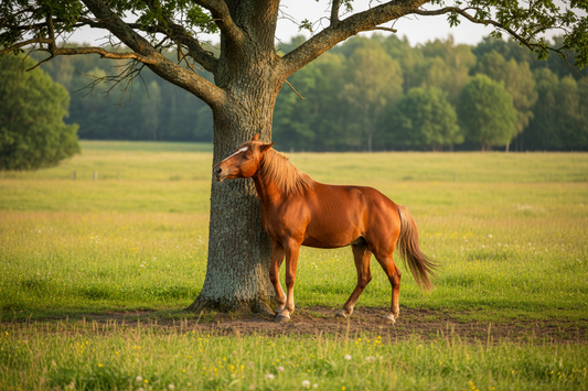Pferd scheuert Mähne am Baum Sommerekzem