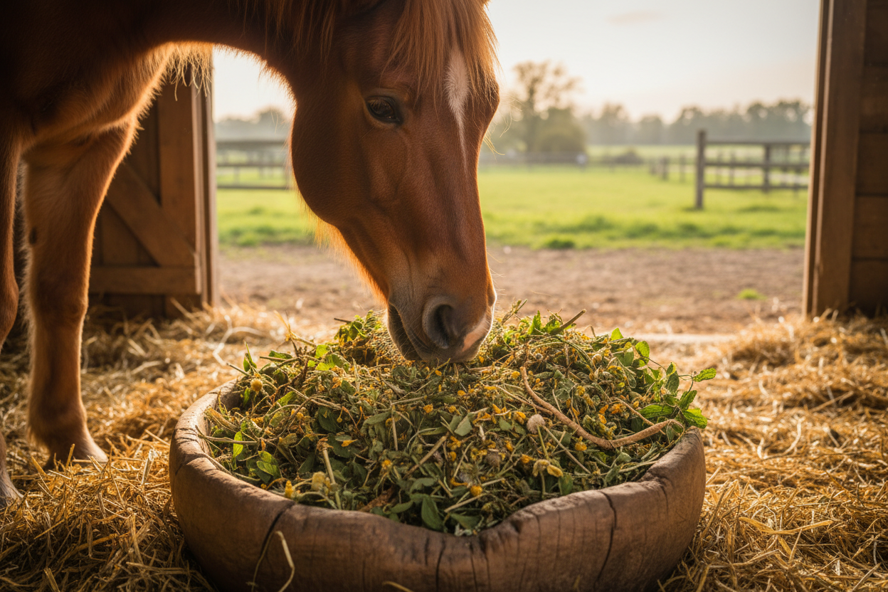 Pferd steht im Stall und frisst eine Schüssel Atemwegskräuter bei Husten
