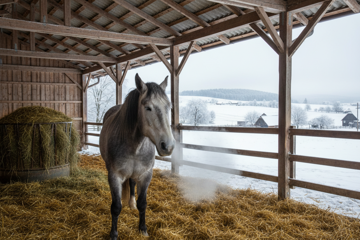 Pferd im Winter im Offenstall stärkt Atemwege 