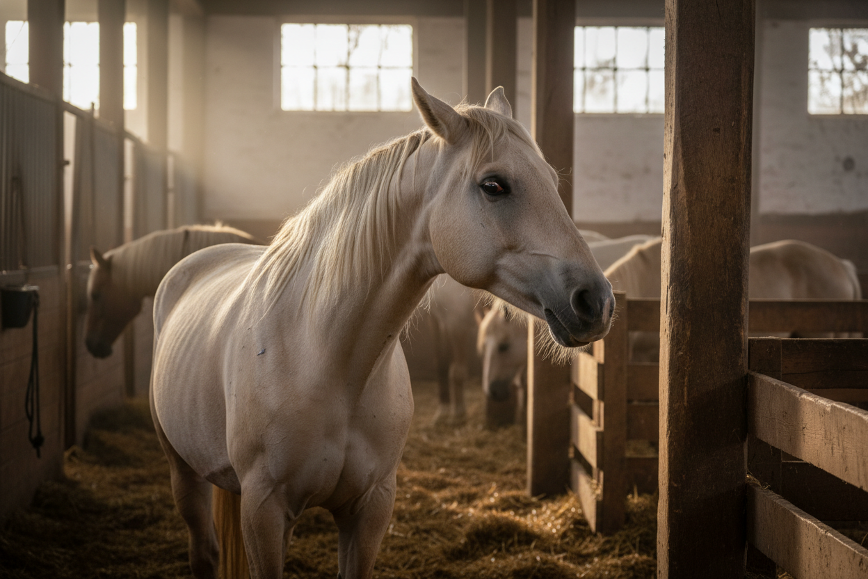 Pferd steht mit anderen Pferden im Stall und hat Kotwasser durch den Stress
