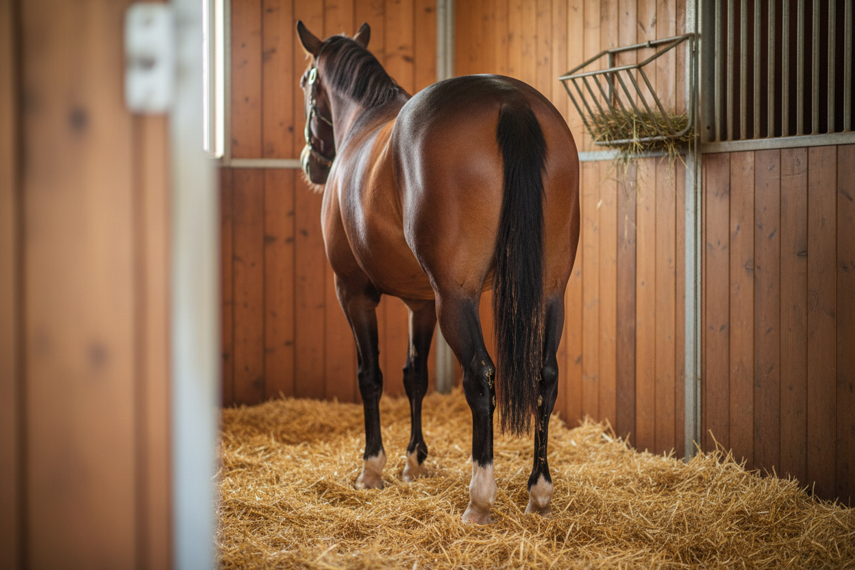 Stall stehendes Pferd von hinten hat Kotwasser