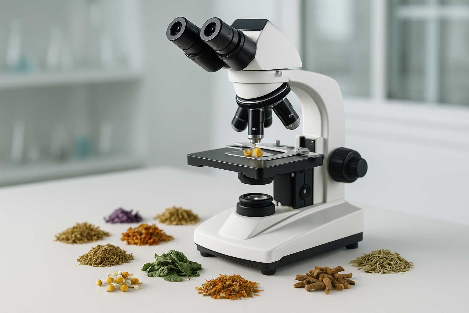 ein mikroskop das auf dem labortisch steh und  Getrocknete kräuter untersucht