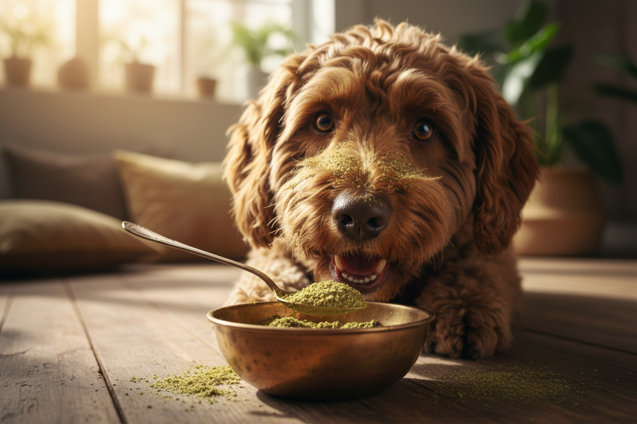 brauner kleiner Hund frisst aus einer Schüssel Leberkräuter