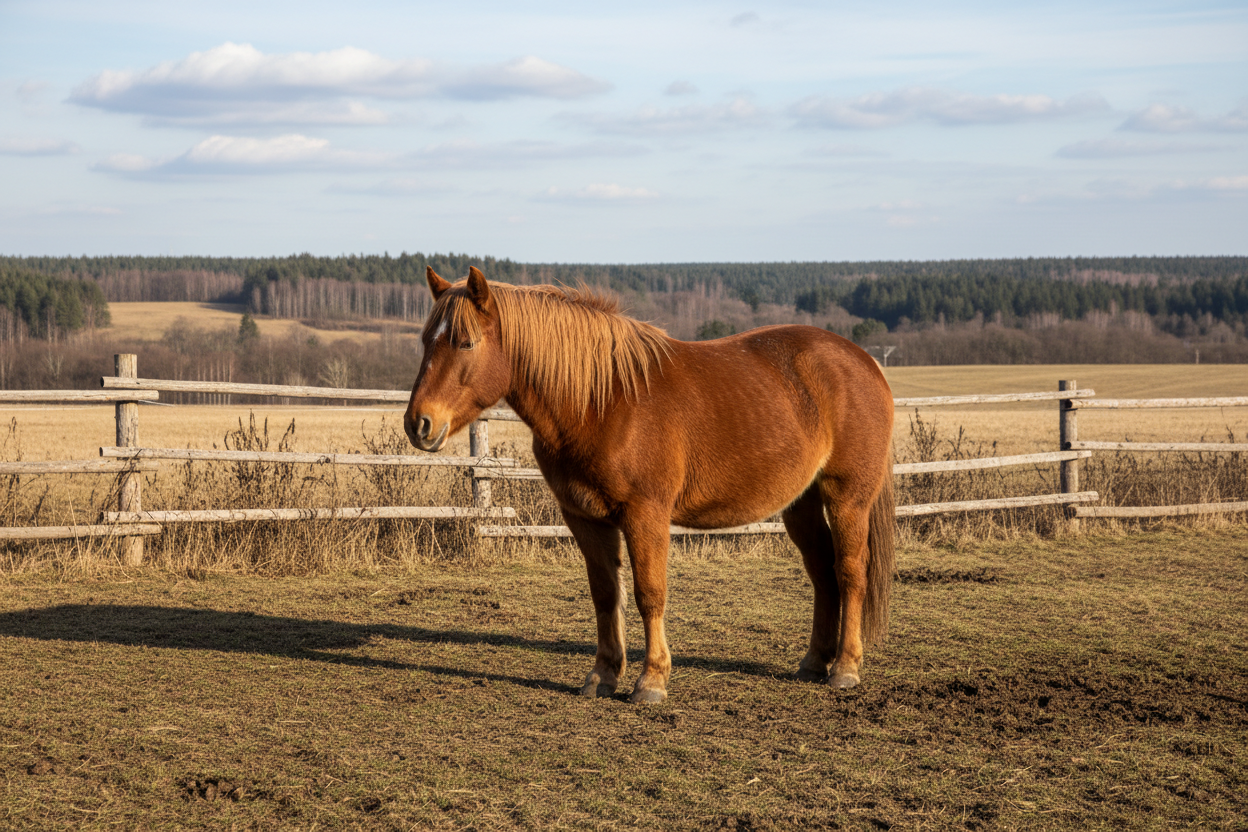 braunes pferd auf der koppel mit winterfell auf der koppel kein schnee