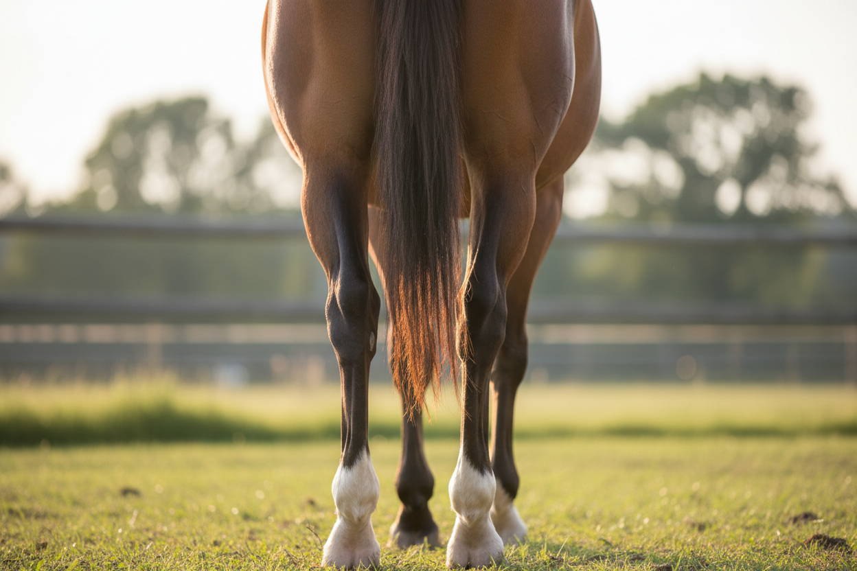 Pferd steht auf koppel und hat Spat läuft nicht