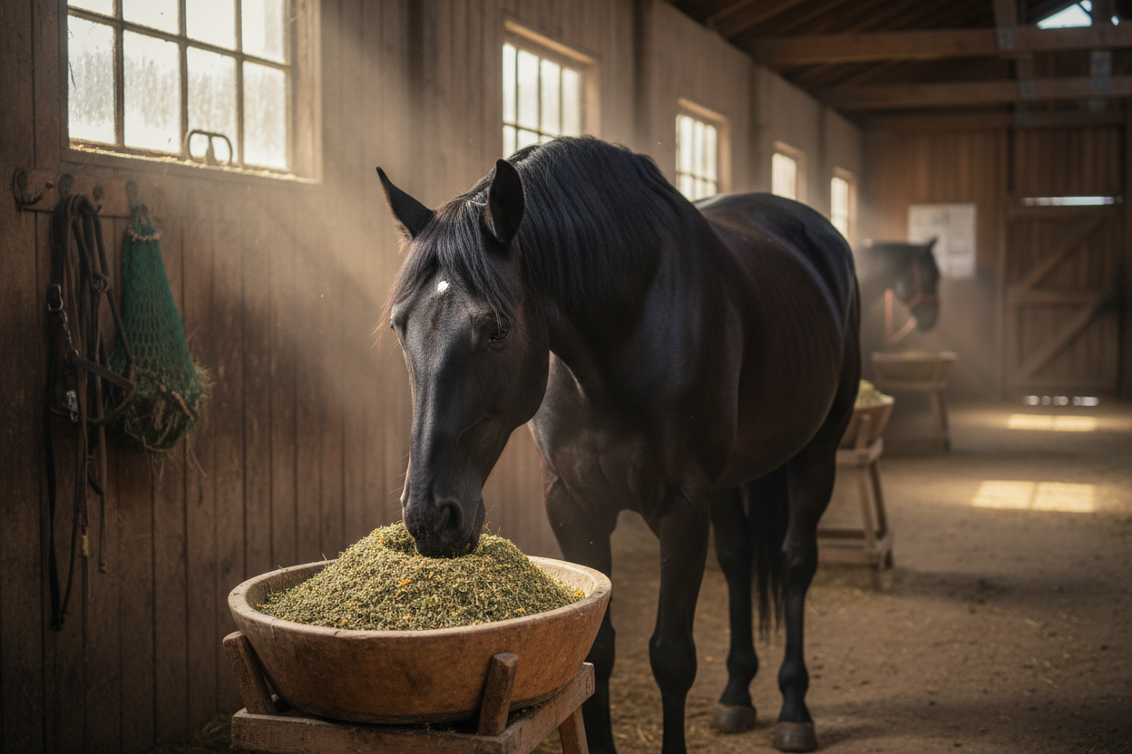 schwarzes pferd steht in der stallgasse und frisst aus einer schüssel gemahlene kräter